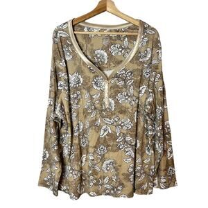 White Stag Women's Tan White Floral Print Long Sleeve Top Size 3X